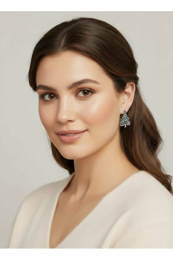 Pierced 1 1/4" silver, green, multi colored stone Christmas Tree earrings