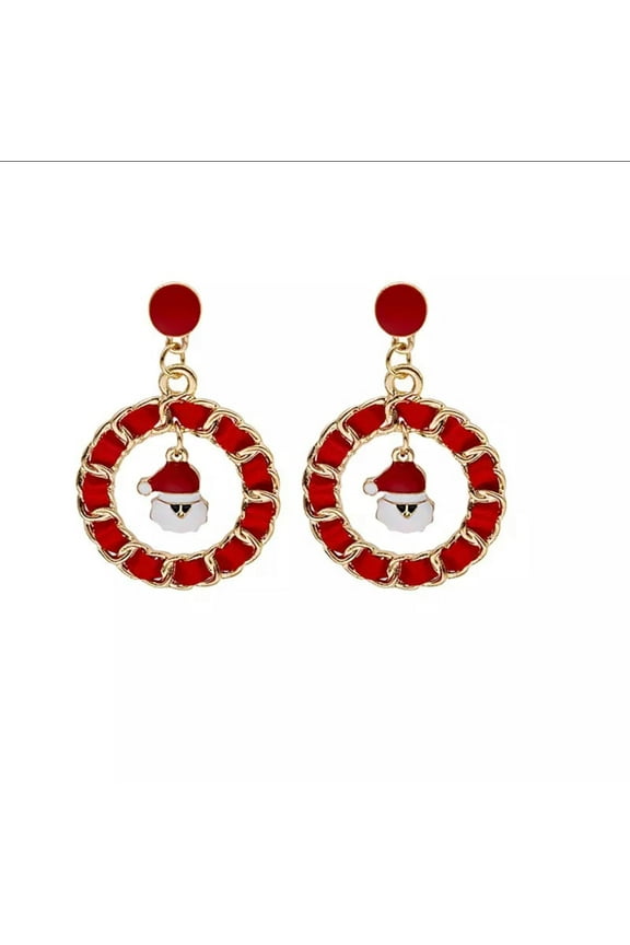 Pierced 1 3/4"gold and red ribbon dangle Santa Claus hoop earrings