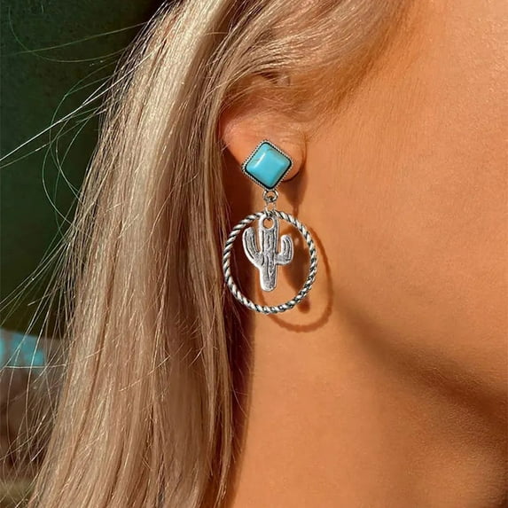 Pierced 1 3/4" silver and turquoise dangle hoop earrings with center cactus