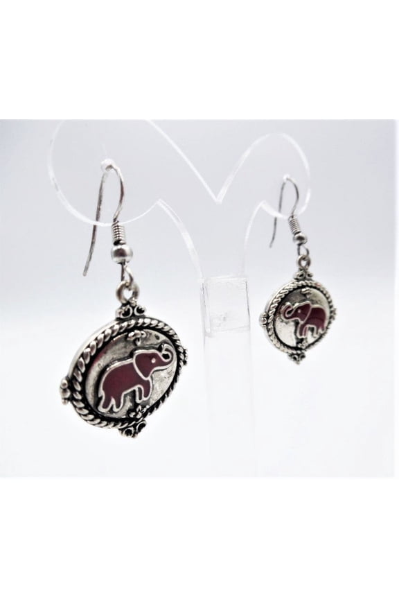 Pierced 1 3/4" silver, red & black elephant dangle earrings