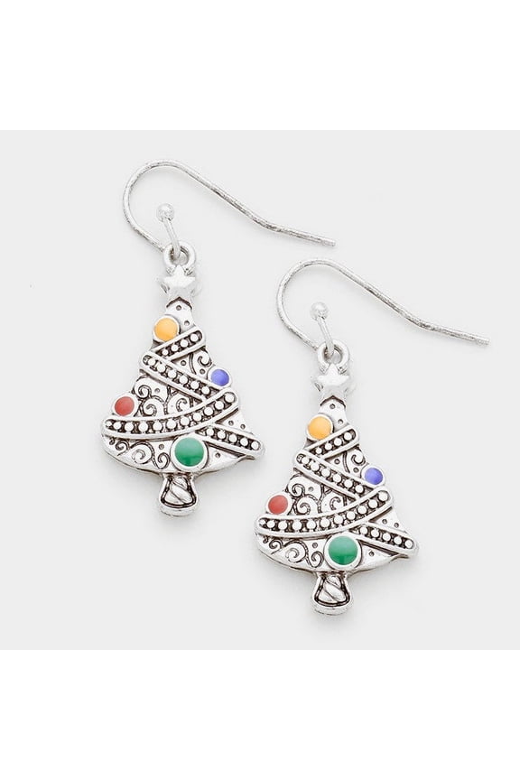 Pierced 1 3/4" silver textured multi colored Christmas Tree earrings
