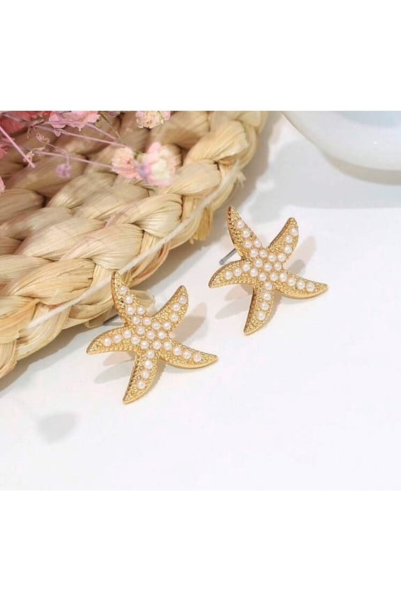 Pierced 1" gold and white pearl starfish earrings