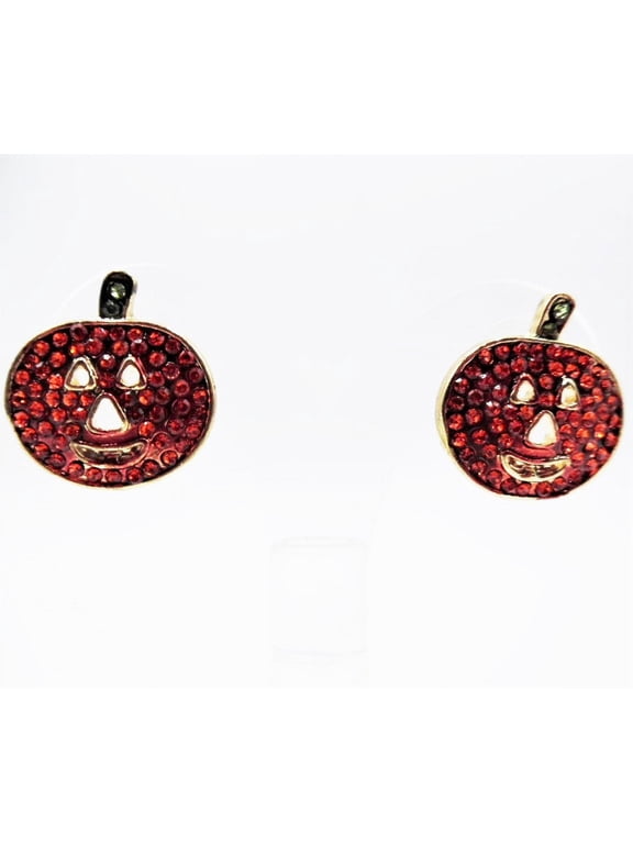 Pierced 1" gold, orange & green stone pumpkin button style earrings
