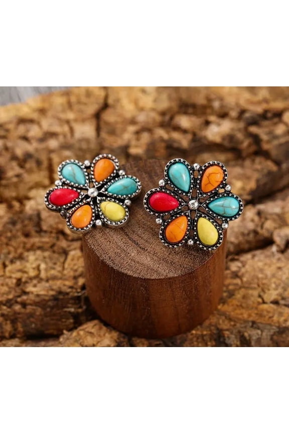 Pierced 1" silver and turquoise multi colored stone button style earrings