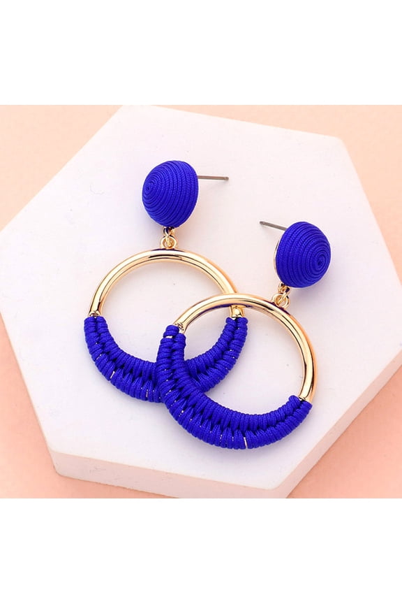 Pierced 2 1/4" gold and blue satin string dangle hoop earrings