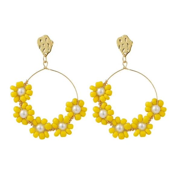 Pierced 2 3/4" gold wire hoop earrings with multi colored or yellow beads and pearl