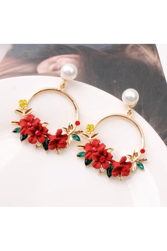 Pierced 2" gold hoop earrings with pearl, red, purple, yellow or pink flowers