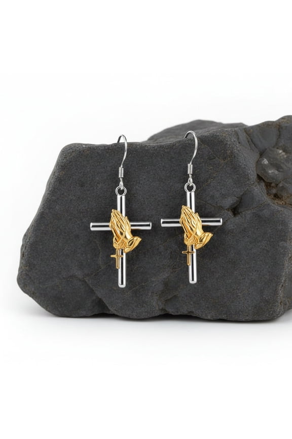 Pierced 2" silver and gold cross-prayer hand dangle earrings