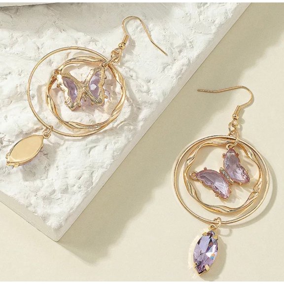 Pierced gold multi hoop butterfly earrings in a variety of colored stones