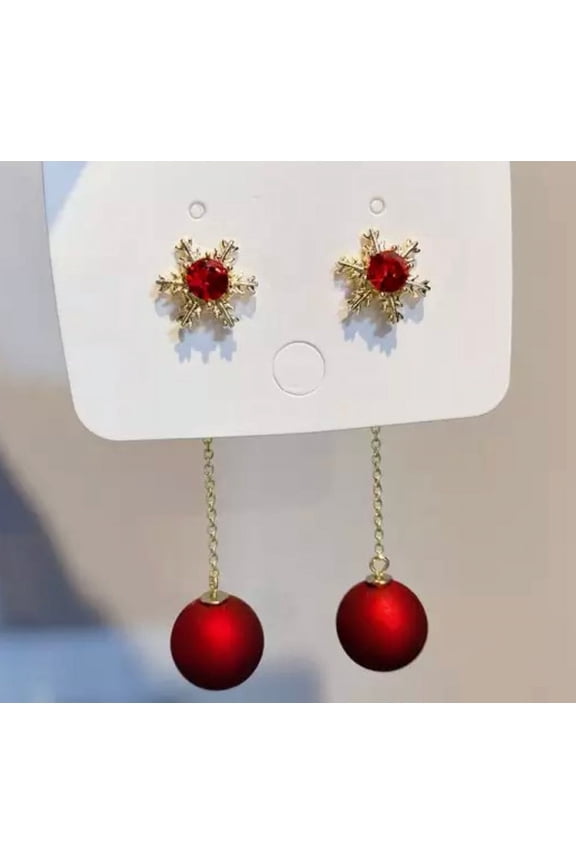 Pierced 3 1/2" gold snowflake chain dangle red bead earrings