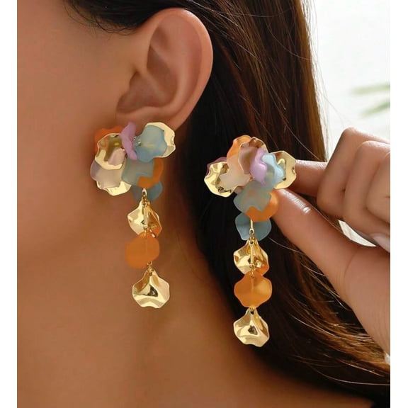 Pierced 3 1/2" long gold, purple multi colored flower dangle earrings