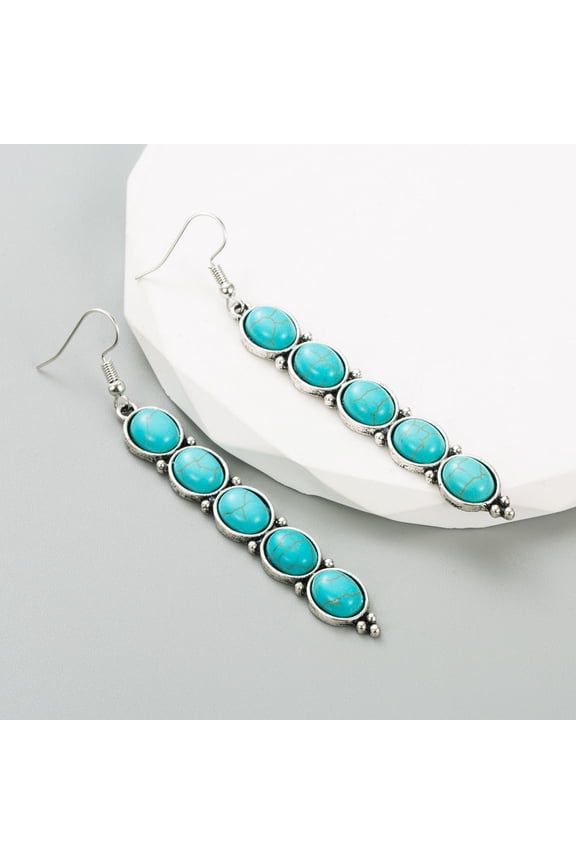 Pierced 3 1/4" silver and turquoise five stone dangle stick earrings