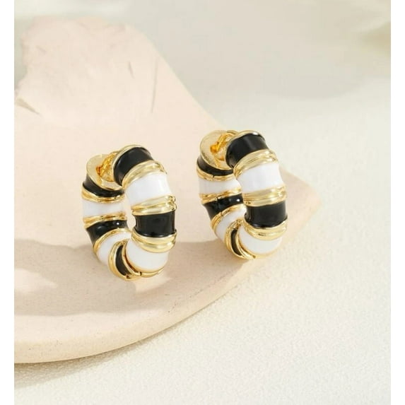 Pierced 3/4" gold, black and white stripe hoop earrings