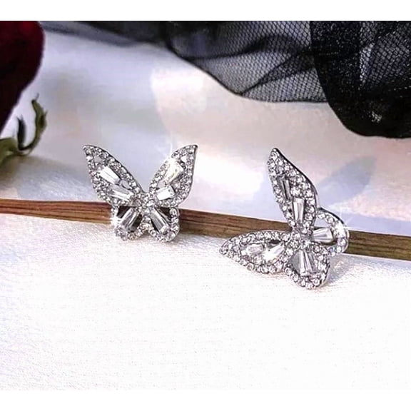 Pierced 3/4" silver clear stone butterfly button style earrings