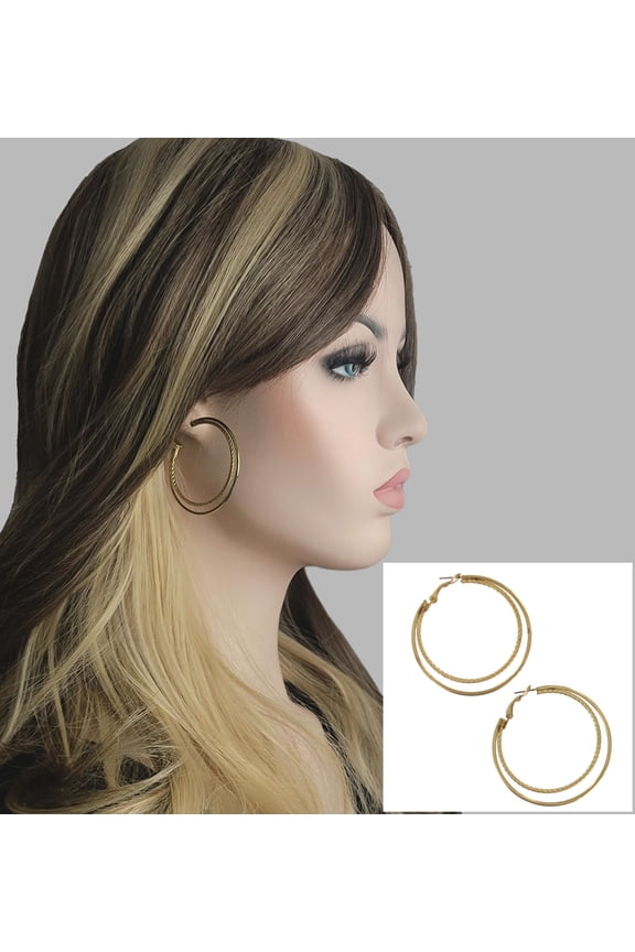 Pierced Earrings Gold Tone Double Hoop Twisted Detail 2" Surgical Steel Post Ladies Adult Female Women
