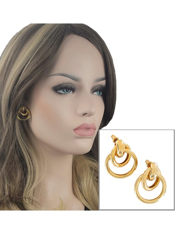 Pierced Earrings Gold Tone Interlocking Ring Door Knocker Lightweight 1 1/4" Ladies Adult Female Women