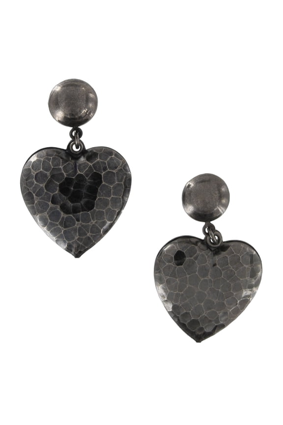 Pierced Earrings Gun Metal Gray Tone Dangle Textured Lightweight Heart 1 3/4" Ladies Adult Female Women