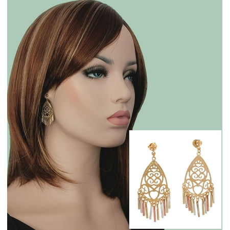 Pierced Earrings Tri Tone Gold Silver Copper Chandelier Dangle 1 3/4" Ladies Adult Female Women