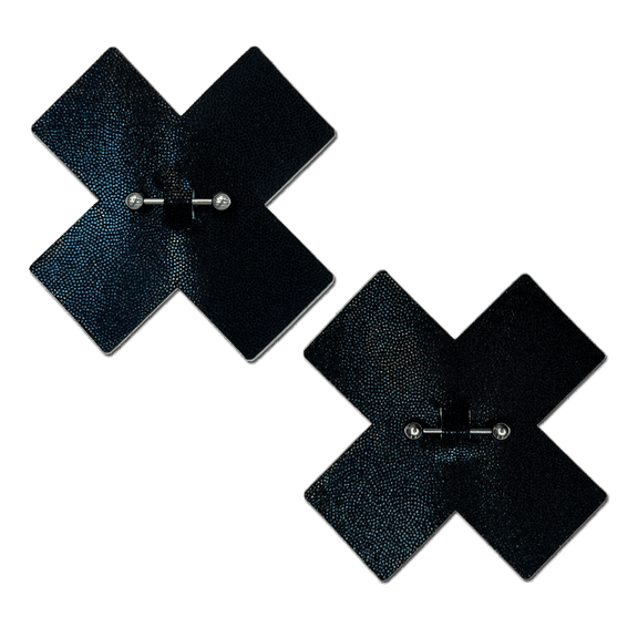Pierced Pasties: Liquid Black Cross Plus X with Barbell Piercing Nipple Covers by Pastease®