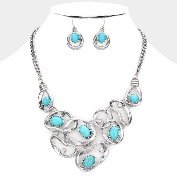 Pierced burnt silver wavy circle turquoise stone necklace set