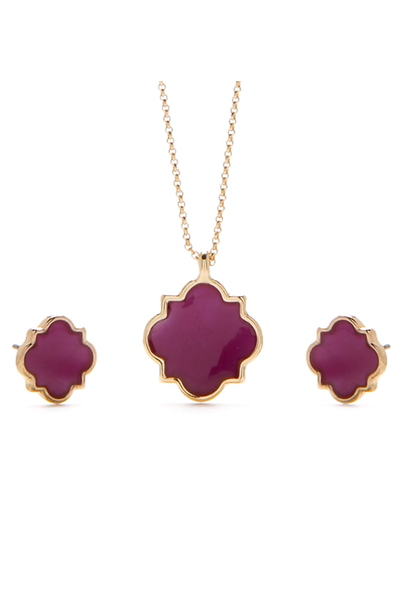 Pierced gold chain pink shell pendant necklace and earring set