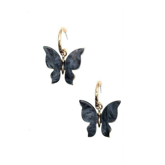 Pierced gold hoop and black butterfly earrings