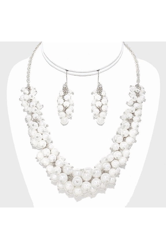 Pierced silver chain cluster white pearl necklace set