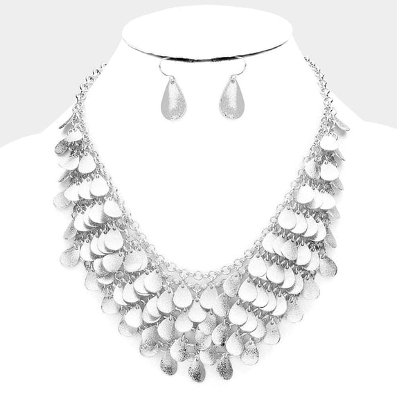 Pierced silver textured layered teardrop necklace & earring set
