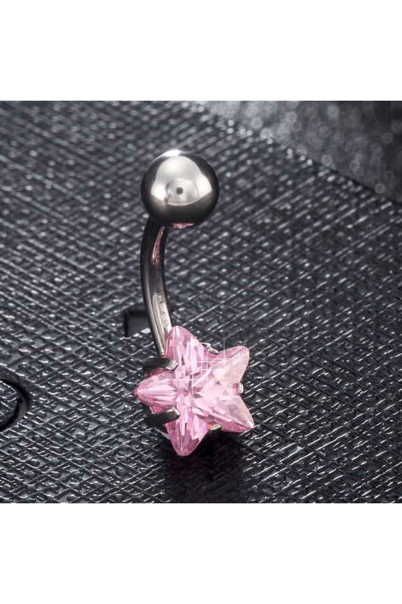 Piercing Jewelry Brass Cubic Zirciona Ring Belly Rings with 304 Stainless Steel Bar Lead Free Cadmium Free Star Pink 20mm Star: 8mm