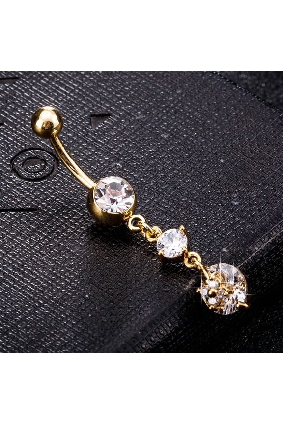 Piercing Jewelry Brass Cubic Zirconia Navel Ring Belly Rings with Surgical Stainless Steel Bar Cadmium Free & Lead Free Real 18K golden Plated Clear 47x7mm Bar: 15 Gauge(1.5mm) Bar Length: 3/8"(10mm)