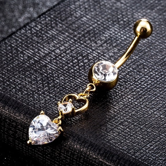 Piercing Jewelry Brass Cubic Zirconia Ring Belly Rings with Surgical Stainless Steel Bar Real 18K Gold Plated Heart Clear 45x8mm Bar: 15 Gauge Bar Length: 3/8"(10mm) 1pc