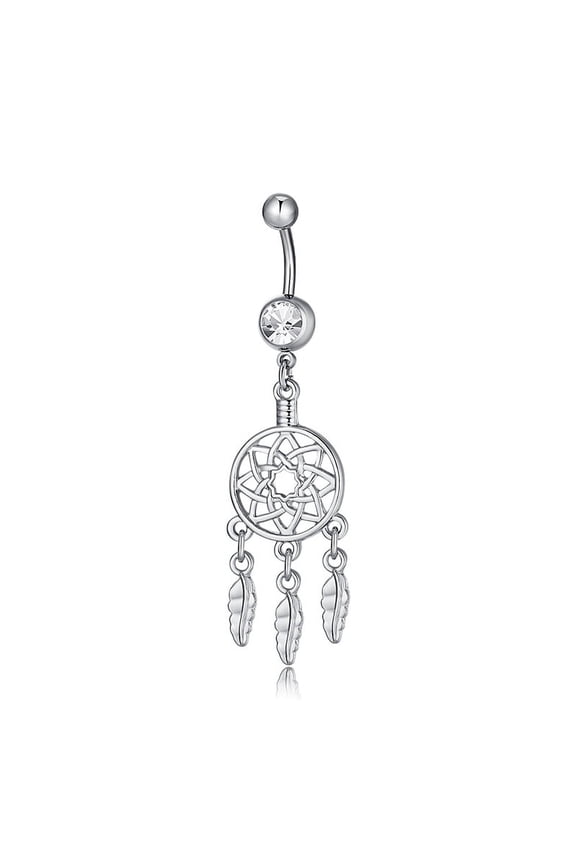Piercing Jewelry Brass Cubic Zirconia Ring Belly Rings with 304 Stainless Steel Bar Lead Free Cadmium Free Flower with Leaf Clear Platinum 66x17mm Bar Length: 3/8"(10mm) Bar: 14 Gauge(1.6mm)