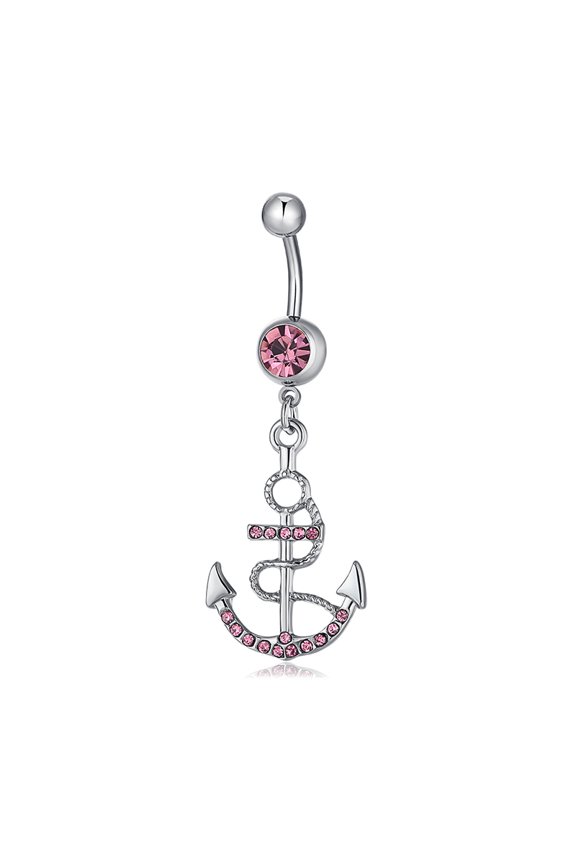 Piercing Jewelry Brass Cubic Zirconia Ring Belly Rings with 304 Stainless Steel Bar Anchor Hot Pink Platinum 54x19mm
