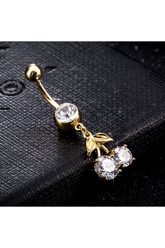 Piercing Jewelry Brass Cubic Zirconia Ring Belly Rings with Surgical Stainless Steel Bar Cherry Real 18K golden Plated 40x13mm