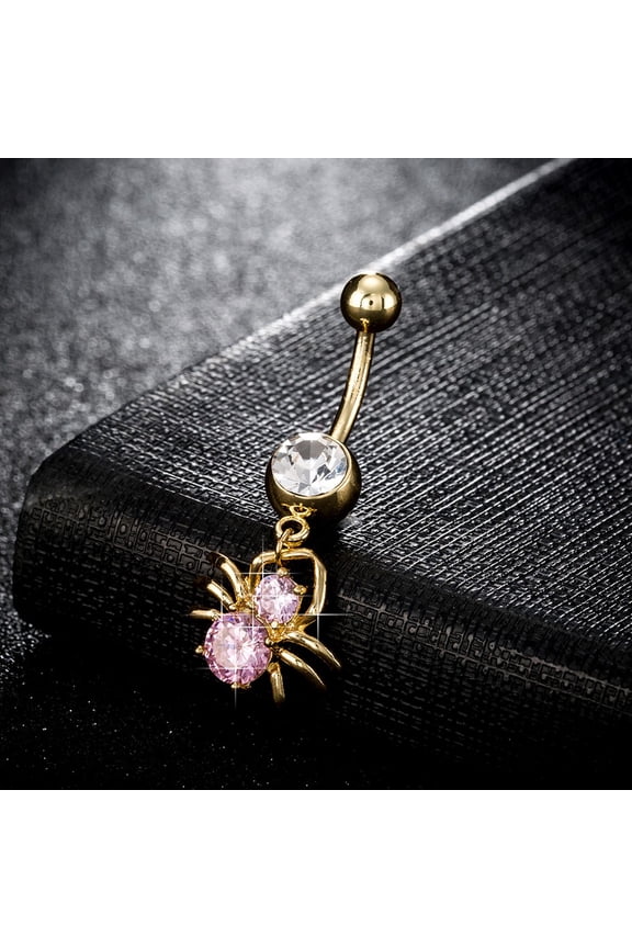Piercing Jewelry Cubic Zirconia Ring Belly Rings with Surgical Stainless Steel Bar 18K Gold Plated Spider Pink 38x16mm Bar 15 Gauge Bar Length 3/8inch