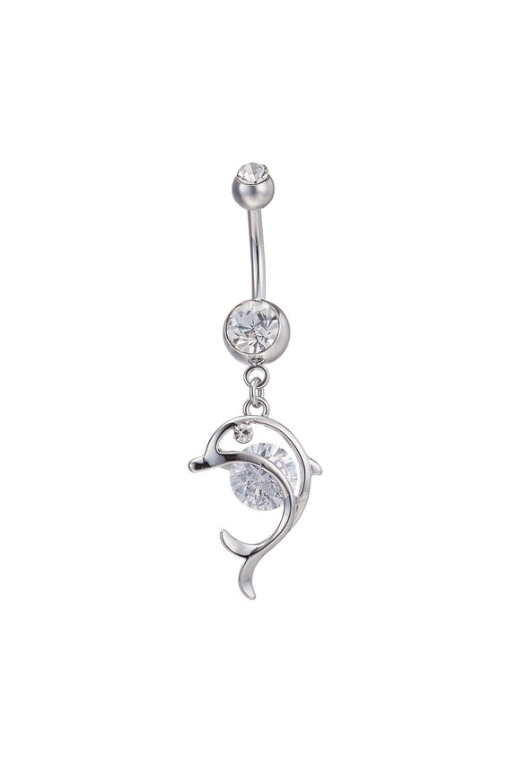 Piercing Jewelry Real Platinum Plated Brass Rhinestone Dolphin Ring Belly Rings 51x16mm Bar Length: 3/8"(10mm) Bar: 14 Gauge(1.6mm) Gray