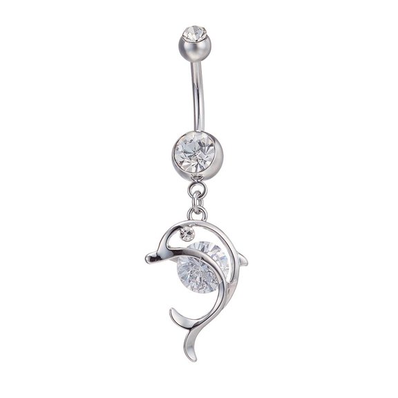 Piercing Jewelry Real Platinum Plated Brass Rhinestone Dolphin Ring Belly Rings 51x16mm Bar Length: 3/8"(10mm) Bar: 14 Gauge(1.6mm)