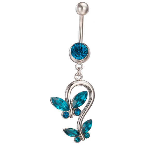 Piercing Jewelry Real Platinum Plated Brass Rhinestone Double Butterfly Ring Belly Rings Blue Zircon 51x17mm Bar Length: 3/8"(10mm) Bar: 14 Gauge(1.6mm)