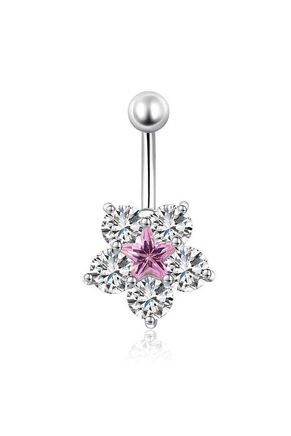 Piercing Jewelry Real Platinum Plated Brass Star Flower Rhinestone Navel Ring Belly Rings Light Rose 29x16mm Bar Length: 3/8"(10mm) Bar: 14 Gauge(1.6mm)