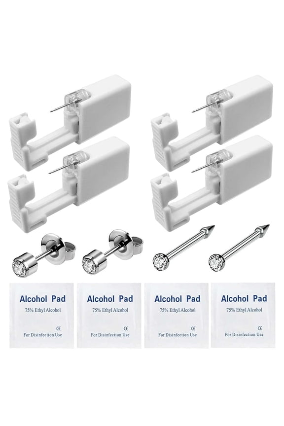 Piercing Kit Include 2 Pack Nose and 2 Pack Ear Piercing Kit, Simple and Safe to Use, Great for Beginners (Silver)