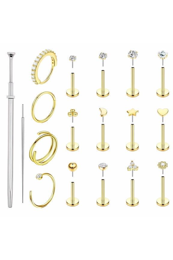 Piercing Kit for Women, 18pcs Gold Nose Rings, Lip & Ear Studs with Flat Back Design, Ball Grabber Tool, Perfect for Multiple Body Piercings