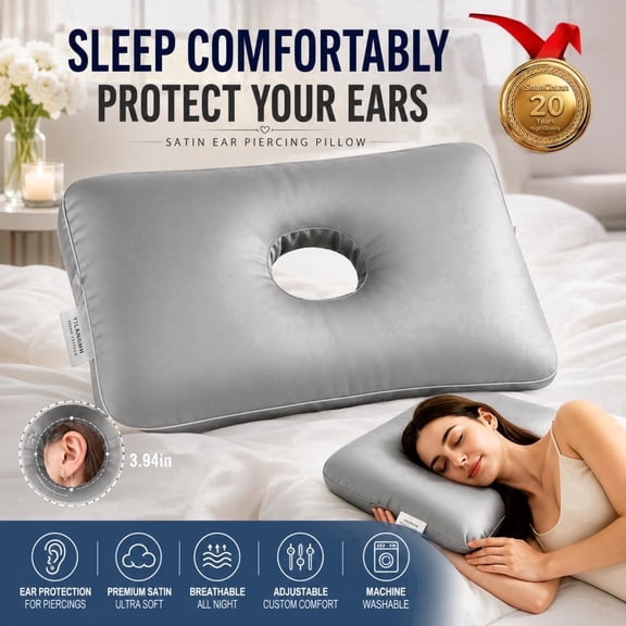 Piercing Pillow for Side Sleepers, Satin Ear Piercing Pillow with 3.94-Inch Ear Hole, Adjustable Filling and Removable Cover, Extra-Large 19.7 x 12.99 x 3.94 Inch, Gray