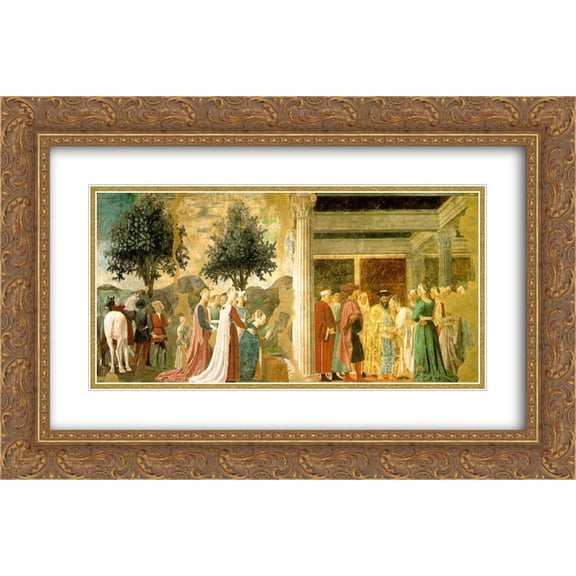 Piero della Francesca 2x Matted 24x14 Gold Ornate Framed Art Print 'Procession of the Queen of Sheba and Meeting between the Queen of Sheba and King Solomon'