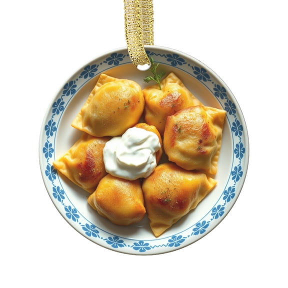 Pierogis with Sour Cream, Poland Cuisine, Polish Food Lovers Foodie Novelty Holiday Christmas Ornament Xmas Tree Gift (Flat Design Printed on Ceramic, NOT 3D)