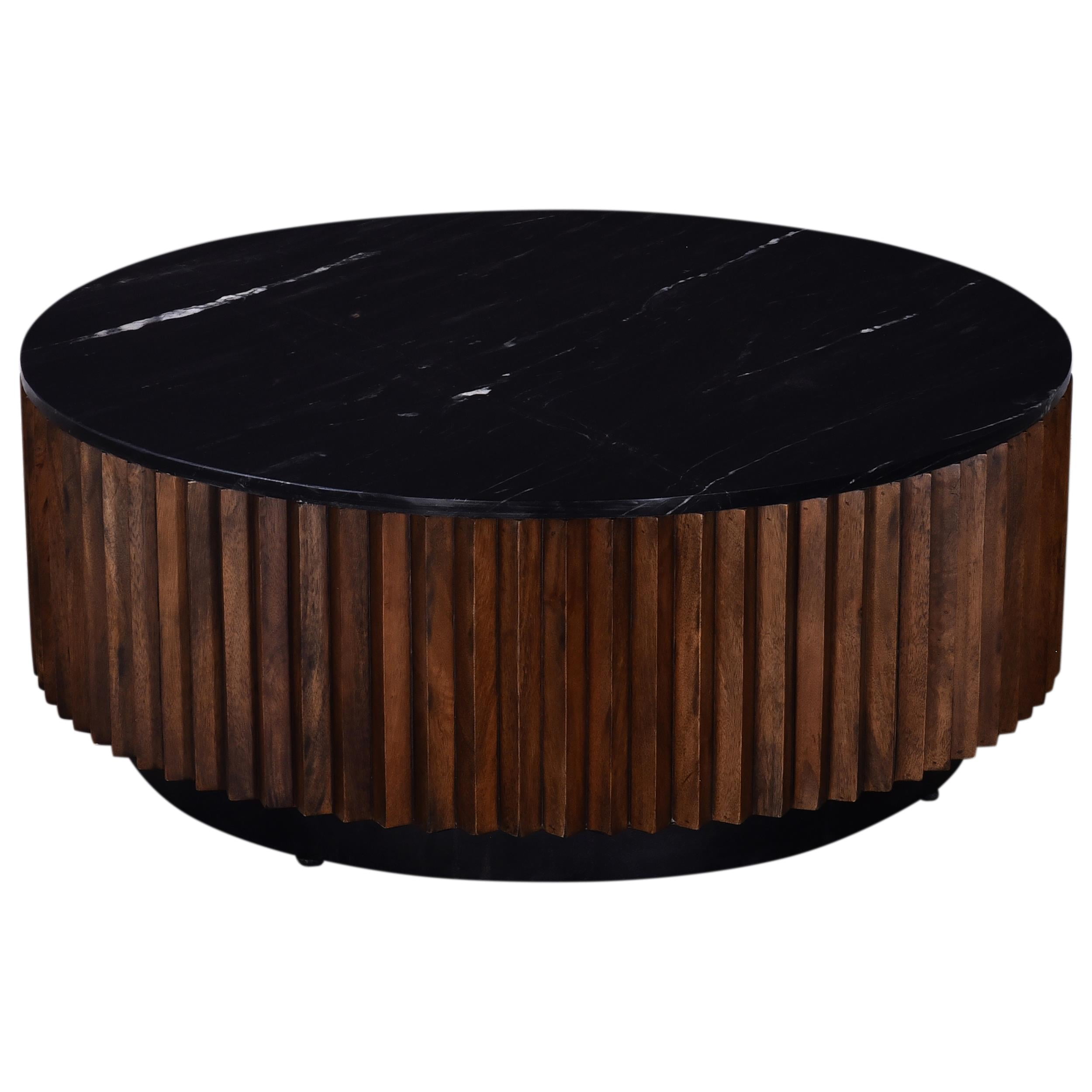 Pierre 12 in. Black Marble and Brown Wood Side Table Modern Minimalist Design