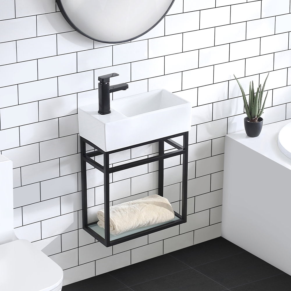 19'' Black Stainless Steel Floating Bathroom Vanity with Glossy White Ceramic Top