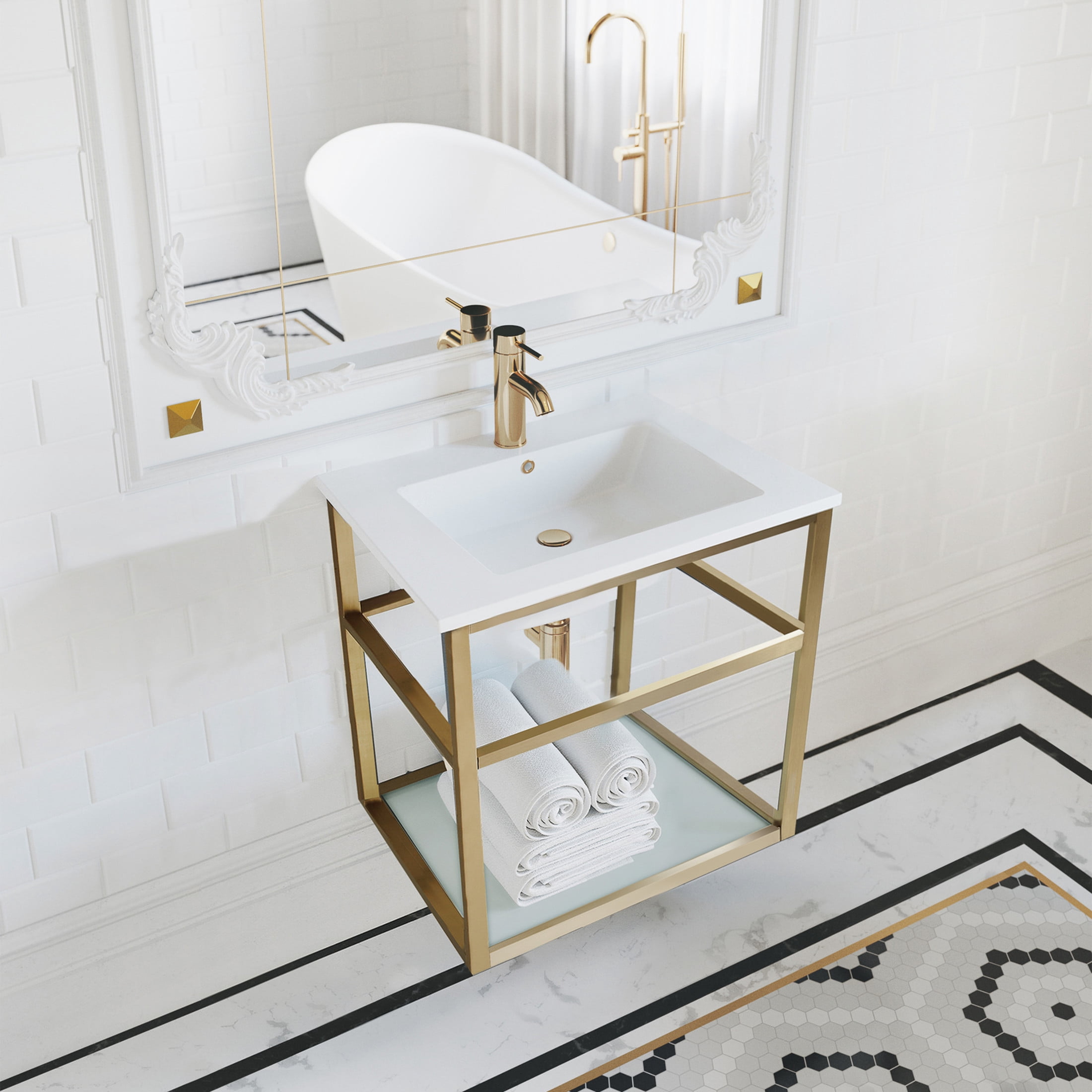 Pierre 24 Single, Open Shelf, Gold Metal Frame Bathroom Vanity