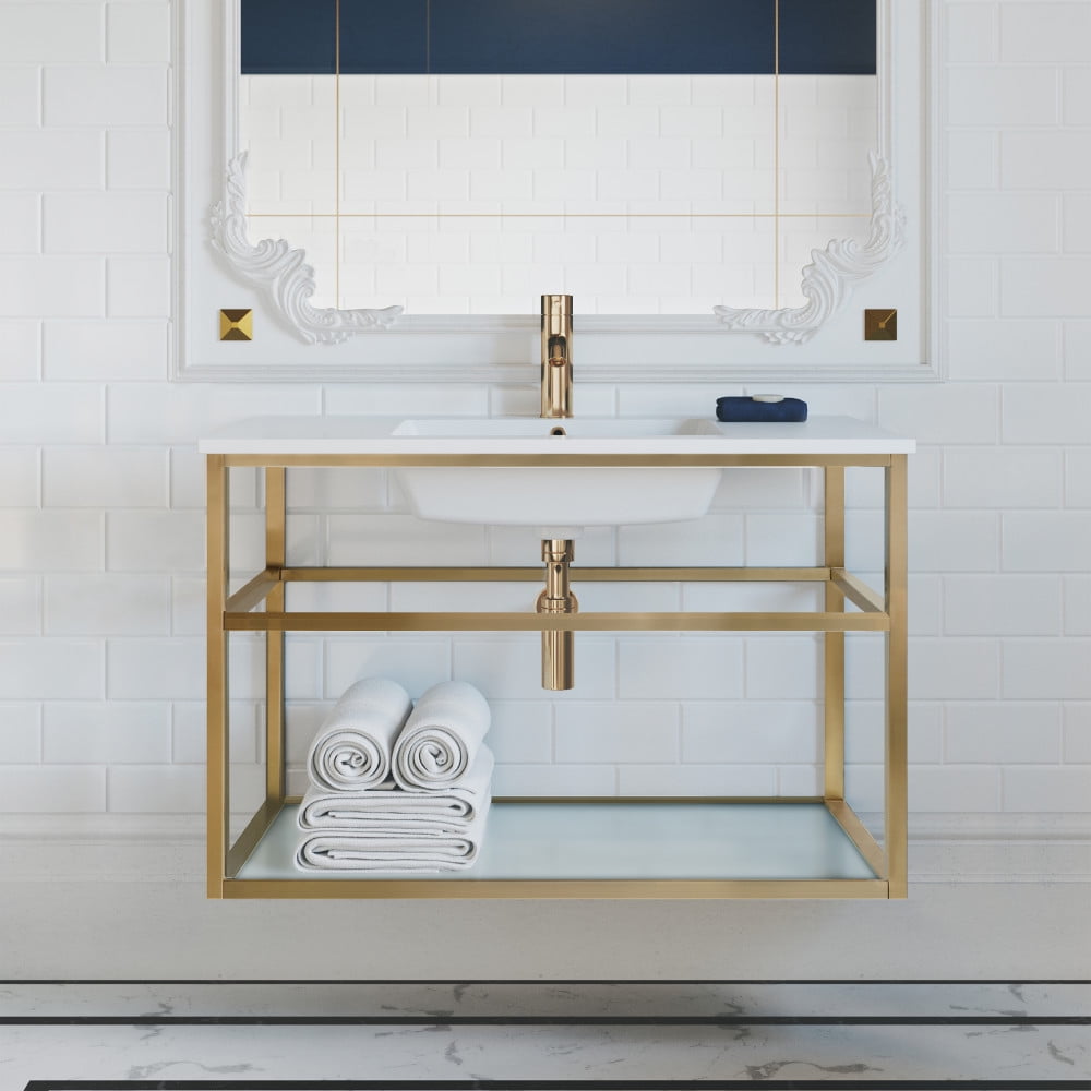 Pierre 36" Gold Stainless Steel Floating Bathroom Vanity with Glossy White Ceramic Sink