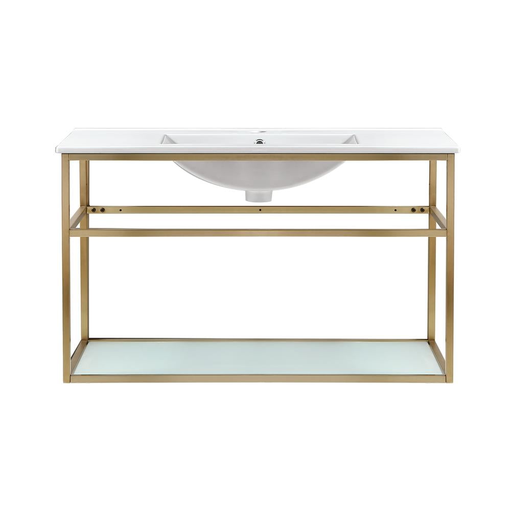 Pierre 36" Gold Stainless Steel Floating Bathroom Vanity with Glossy White Ceramic Sink