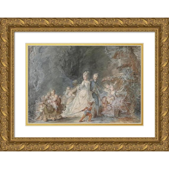 Pierre-Antoine Baudouin 14x11 Gold Ornate Wood Frame and Double Matted Museum Art Print Titled - Family Promenade in the Park (1765-1766)